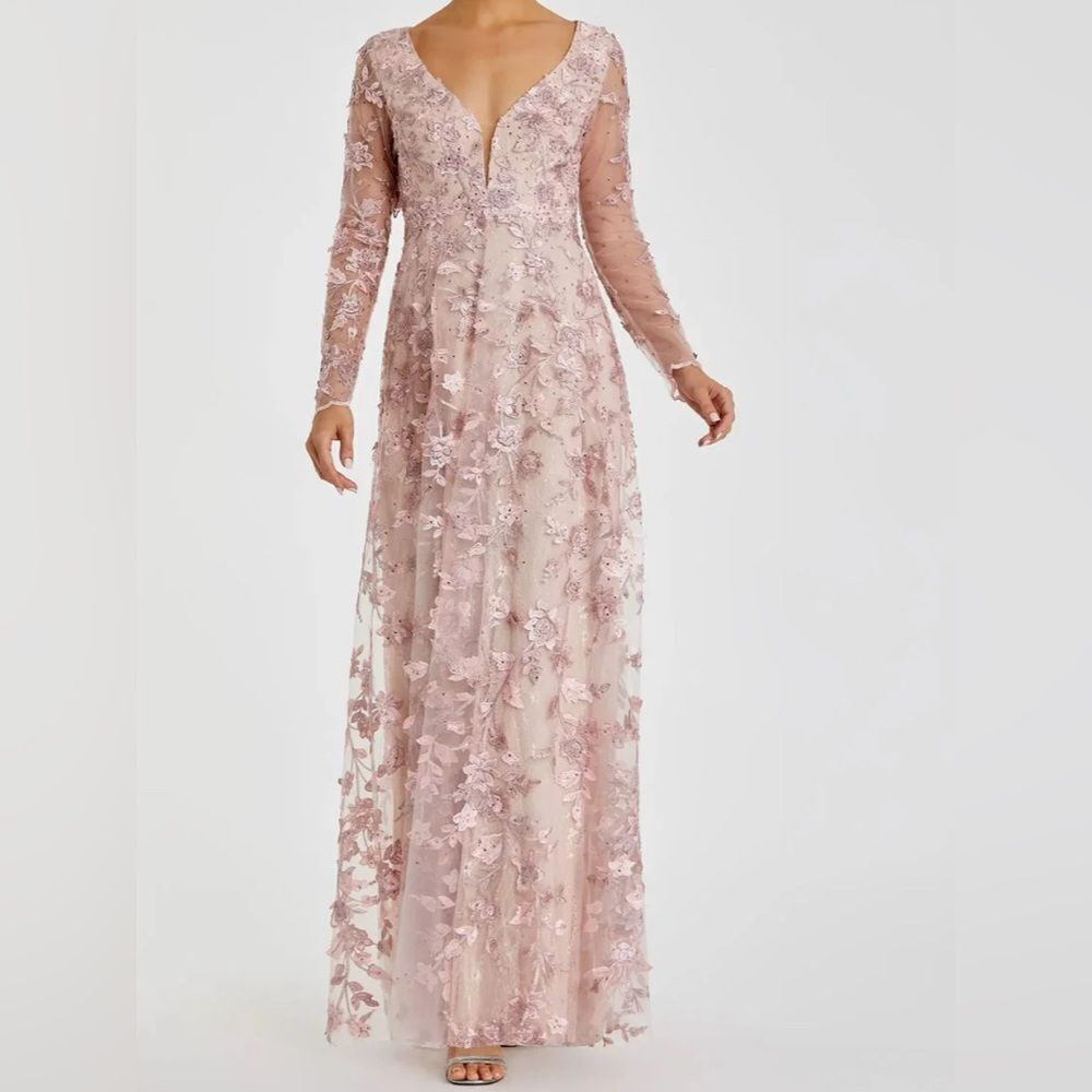 Mac Duggal Pink Floral Applique Long Sleeve Illusion Gown NWT Size 8